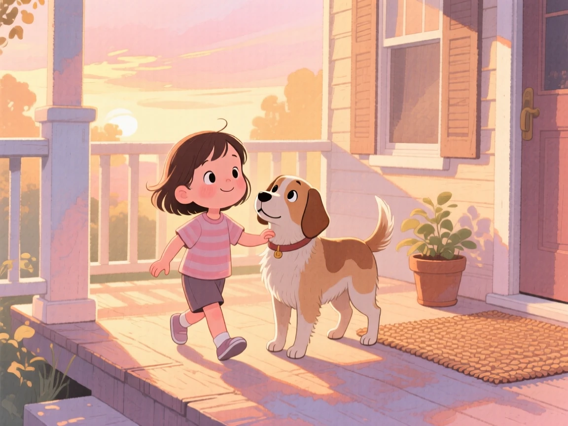 A child learning to walk again, supported by a loving therapy dog by her side, framed by warm porch light at dusk, radiating kindness, hope, and heartfelt emotion.