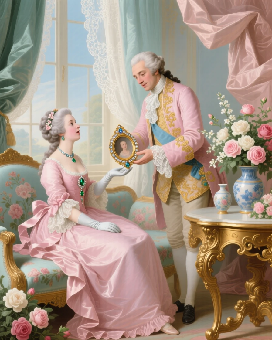A duke presenting his wife with a jeweled portrait locket  