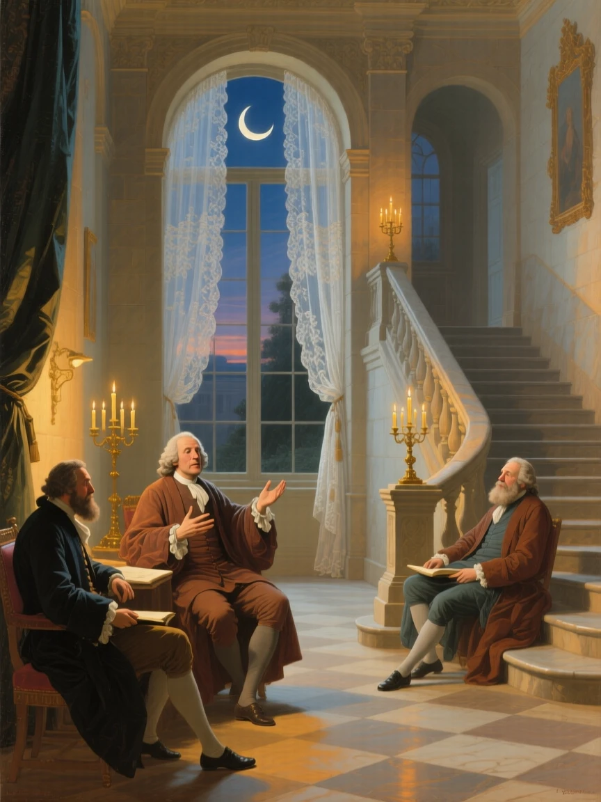 A scholar deep in debate with fellow philosophers in a sunlit courtyard as if pulled directly from a cherished tale, set beside a grand staircase lit by flickering candelabra, with a crescent moon rising behind delicate lace curtains; soft vignetting draws focus to the storyteller at the scene's heart, filled with romance, imagination, and quiet drama.