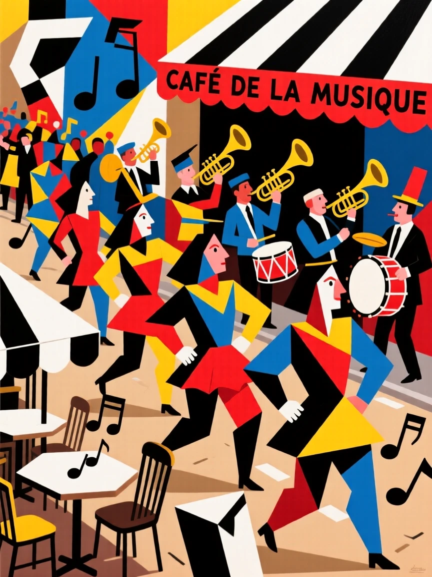 A vibrant scene of a colorful carnival parade alive with music drifting from a nearby café.
