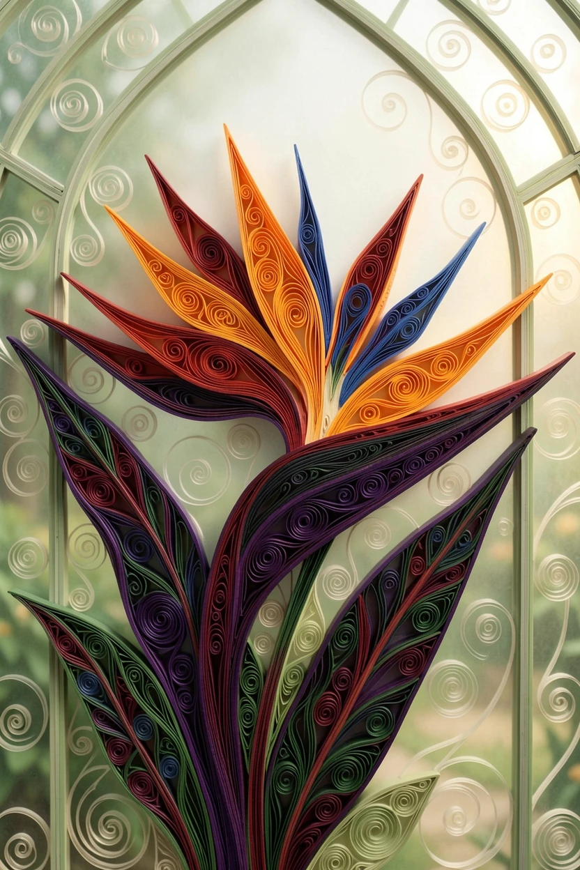 a bird of paradise flower in vivid bloom, in a greenhouse filled with soft filtered light, centered with generous negative space around it, in deep jewel tones of violet and crimson.