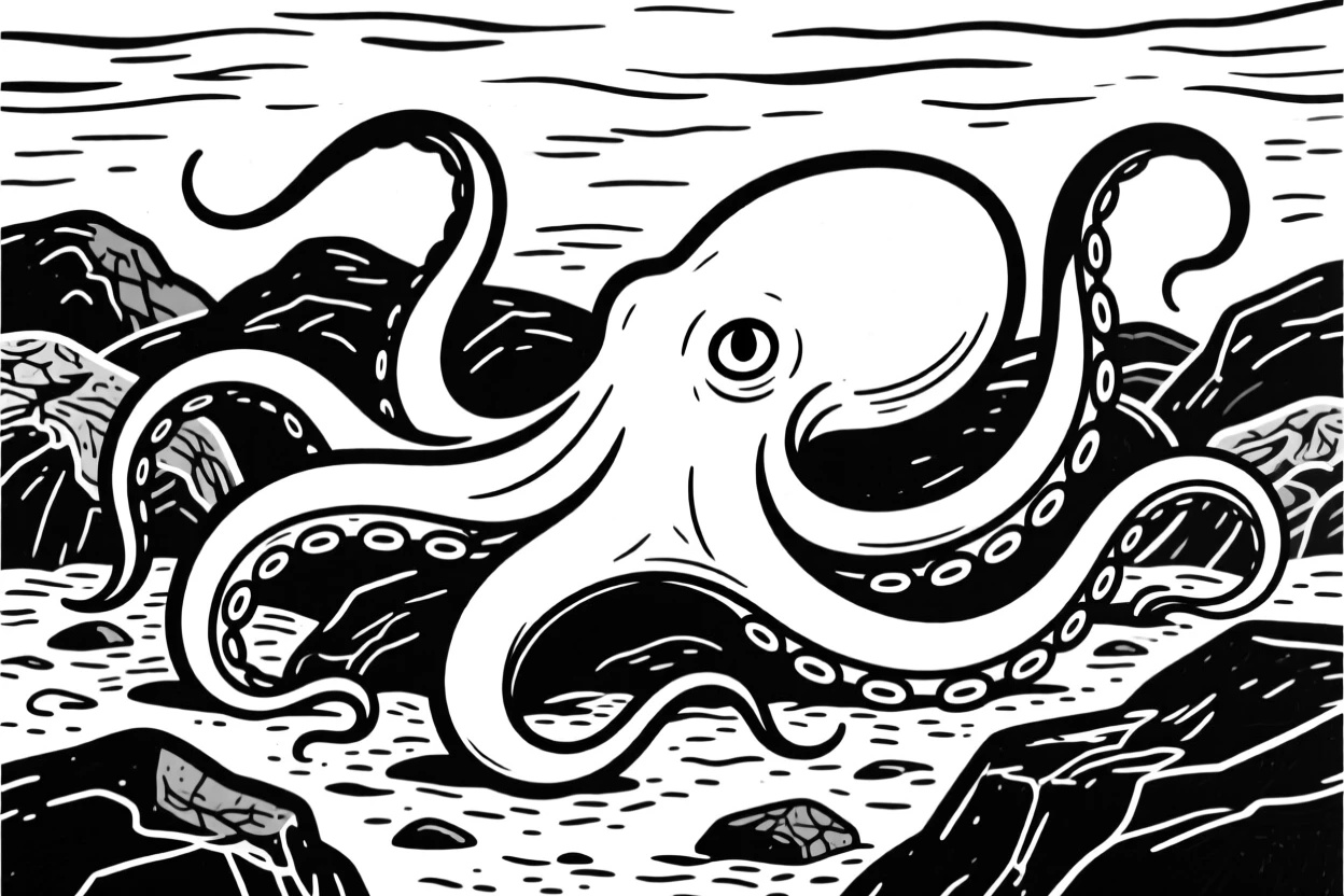 An octopus camouflaged among rocks on the ocean floor, one eye visible.