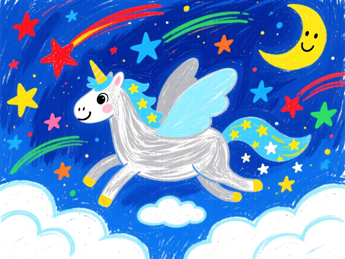 A starlight pegasus soaring through clouds beneath a sky full of shooting stars.