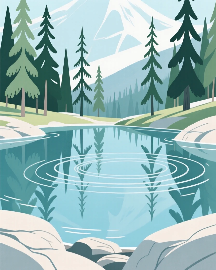 A tranquil alpine tarn surrounded by tall pines, with gentle ripples on the surface.