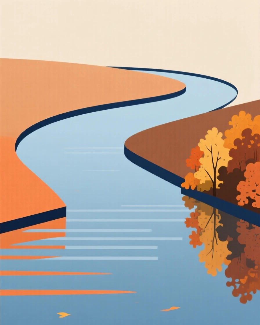 A tranquil river bend reflecting autumn colors