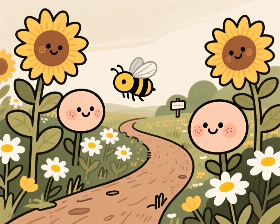 A winding path leads through a cottage garden bursting with sunflowers and daisies, where a honeybee pauses among the blooms.