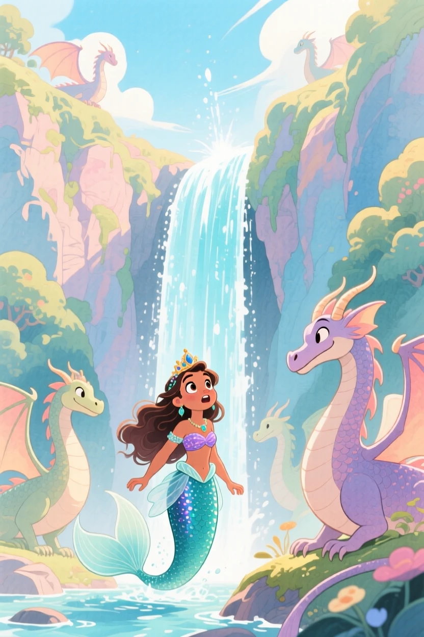 A mermaid princess discovering a hidden waterfall that flows upward into the sky, in a hidden valley guarded by gentle dragons, radiating hope and heroic determination.