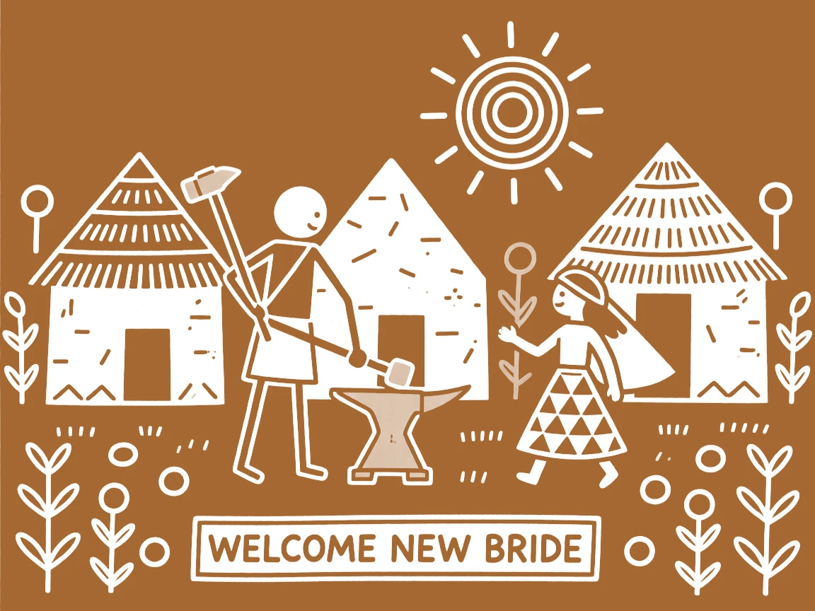 A village blacksmith welcoming a new bride into the family outside a cluster of mud huts.
