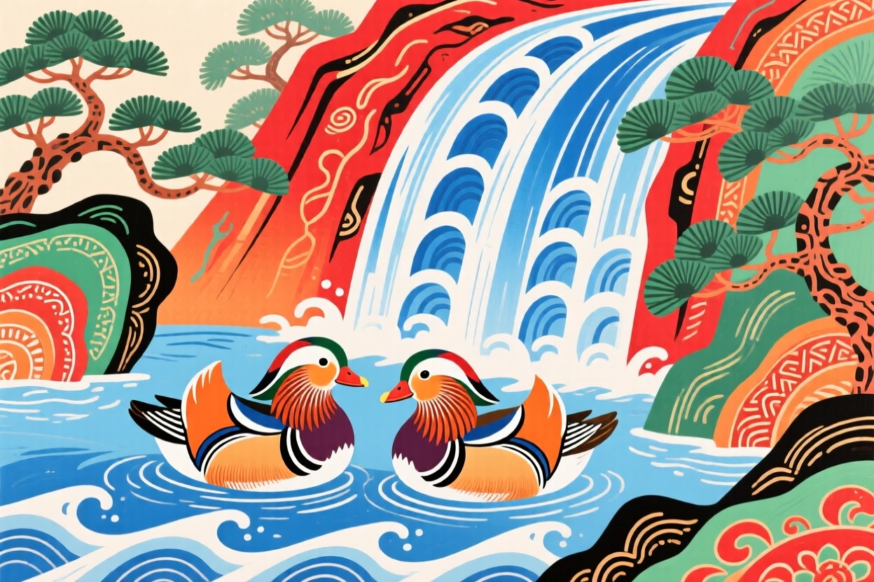 A pair of pairs of mandarin ducks gliding together near a mountain waterfall.