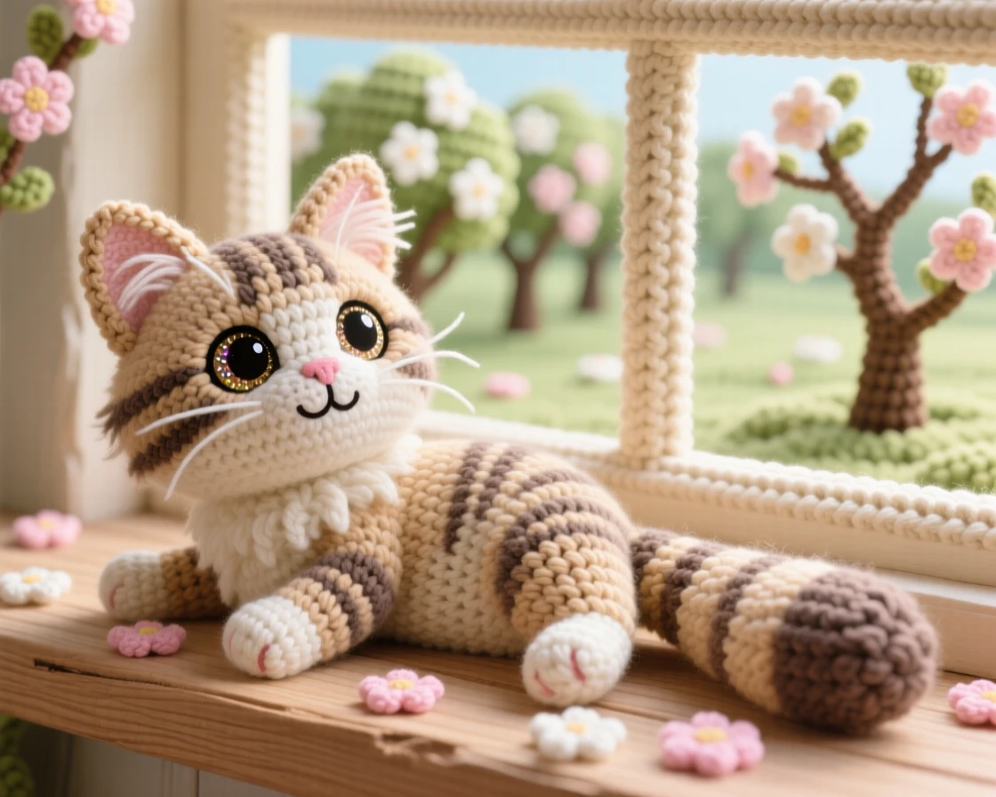 A heartwarming close-up of a fluffy Maine coon kitten, with tufted ears and a bushy tail, stretching out fully on a sunlit windowsill in an orchard with rows of blossoming trees; a scattering of soft flower petals completes the scene, radiating a tender, sleepy softness.