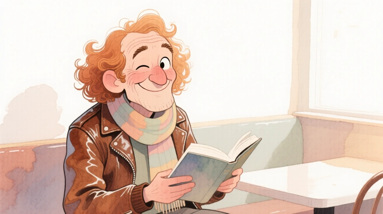 An elderly man with long curly auburn hair, winking playfully, wearing a leather jacket with a scarf and holding an open book, in a softly lit café corner