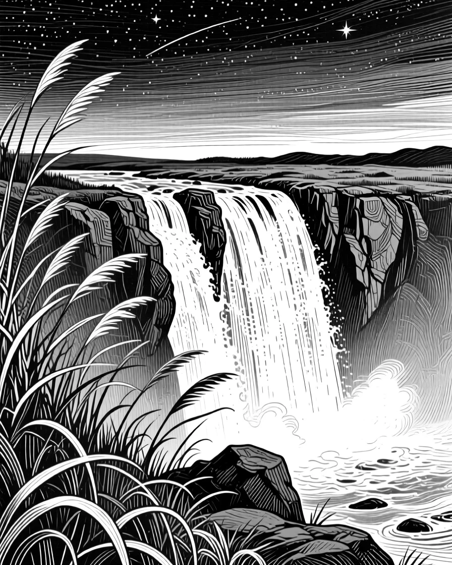 A cascading waterfall beneath a canopy of stars beginning to appear, with tall grasses bending in the wind, evoking a peaceful and untouched atmosphere in a wide, balanced composition.