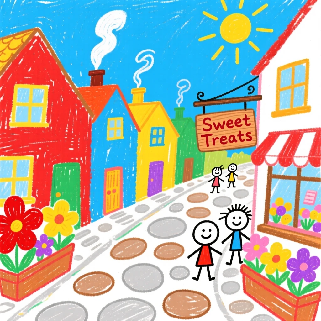 A quaint village with cobblestone streets and flower boxes.