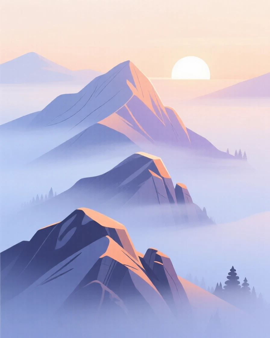 A misty alpine ridge at sunrise with soft light filtering through the morning fog.