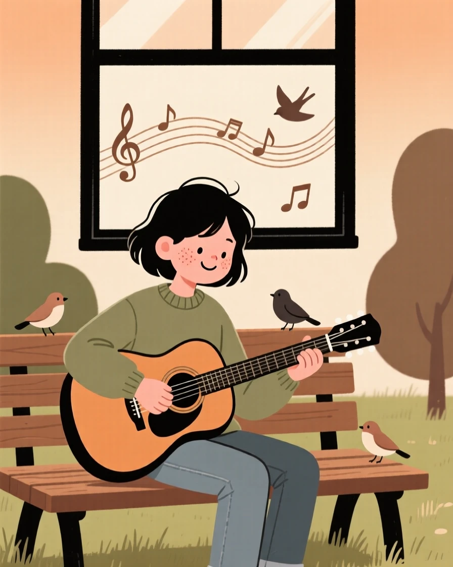 A teenage guitarist sits on a park bench practicing a gentle melody, fully absorbed as birdsong drifts through the open window.