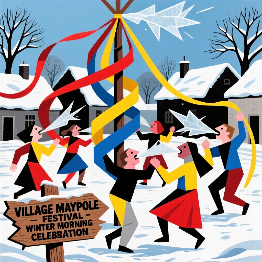 An energetic scene of a traditional maypole dance in a village square, captured on a crisp winter morning.
