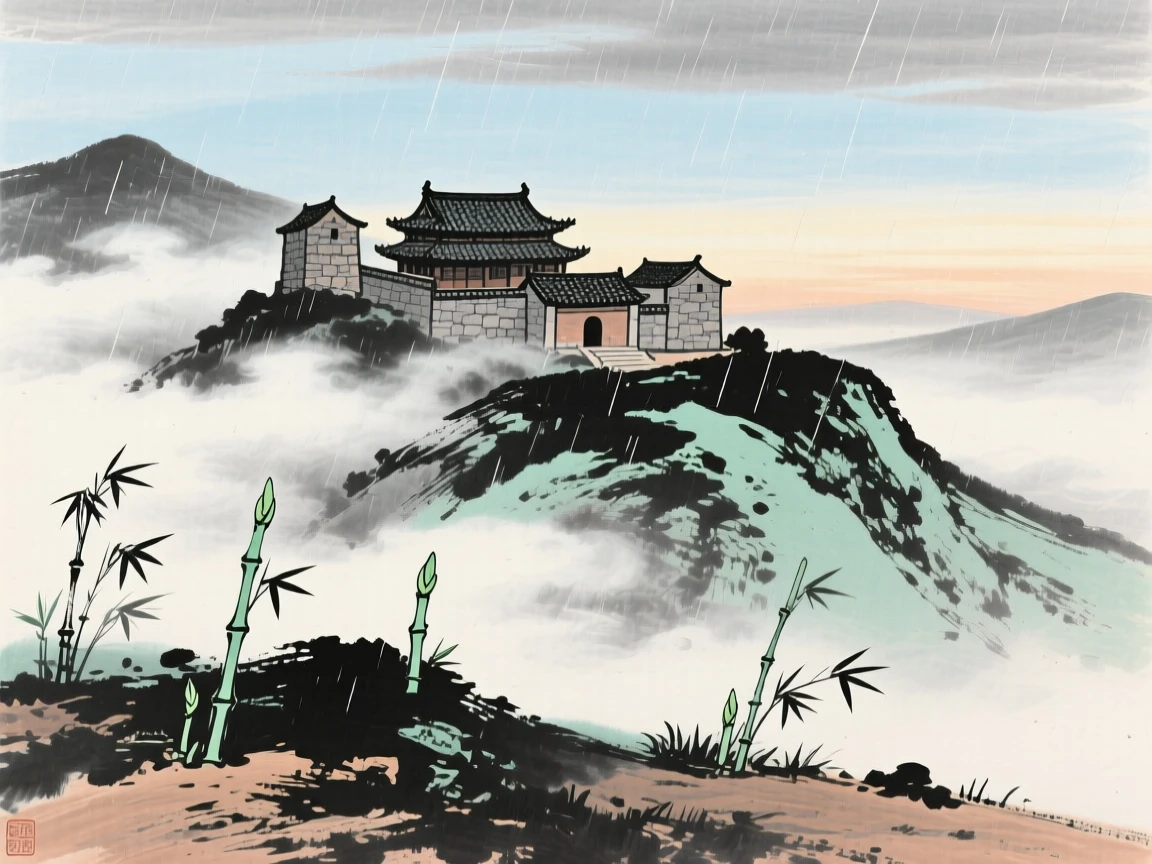 A hillside monastery wrapped in drifting cloud, at dawn, beneath a sky washed clean by rain, as new bamboo shoots break through the soil.