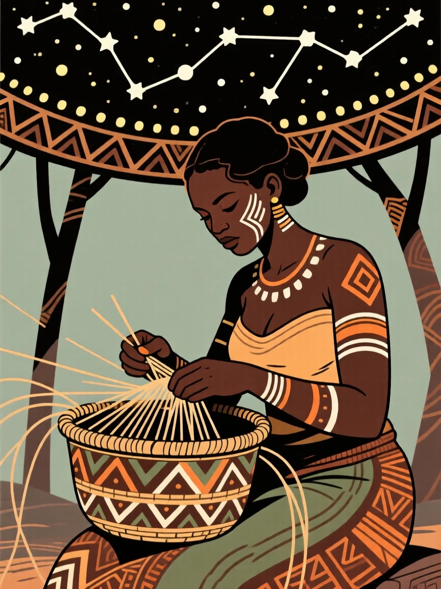 A patient basket weaver performing beneath a canopy of stars.