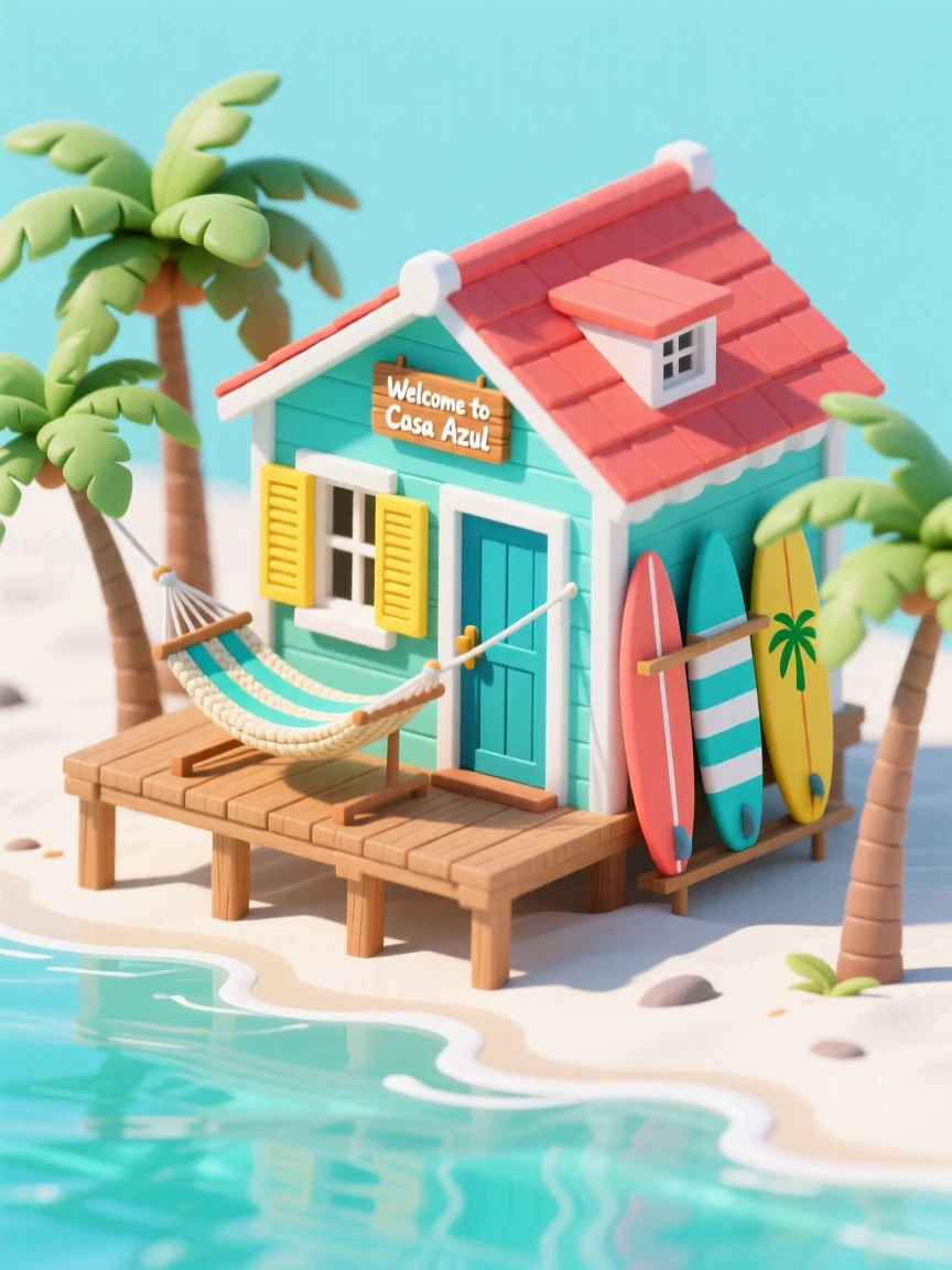 A colorful Caribbean beach house on stilts, with a hammock strung between palm trees, a surfboard rack by the door, and turquoise water lapping at the shoreline below.