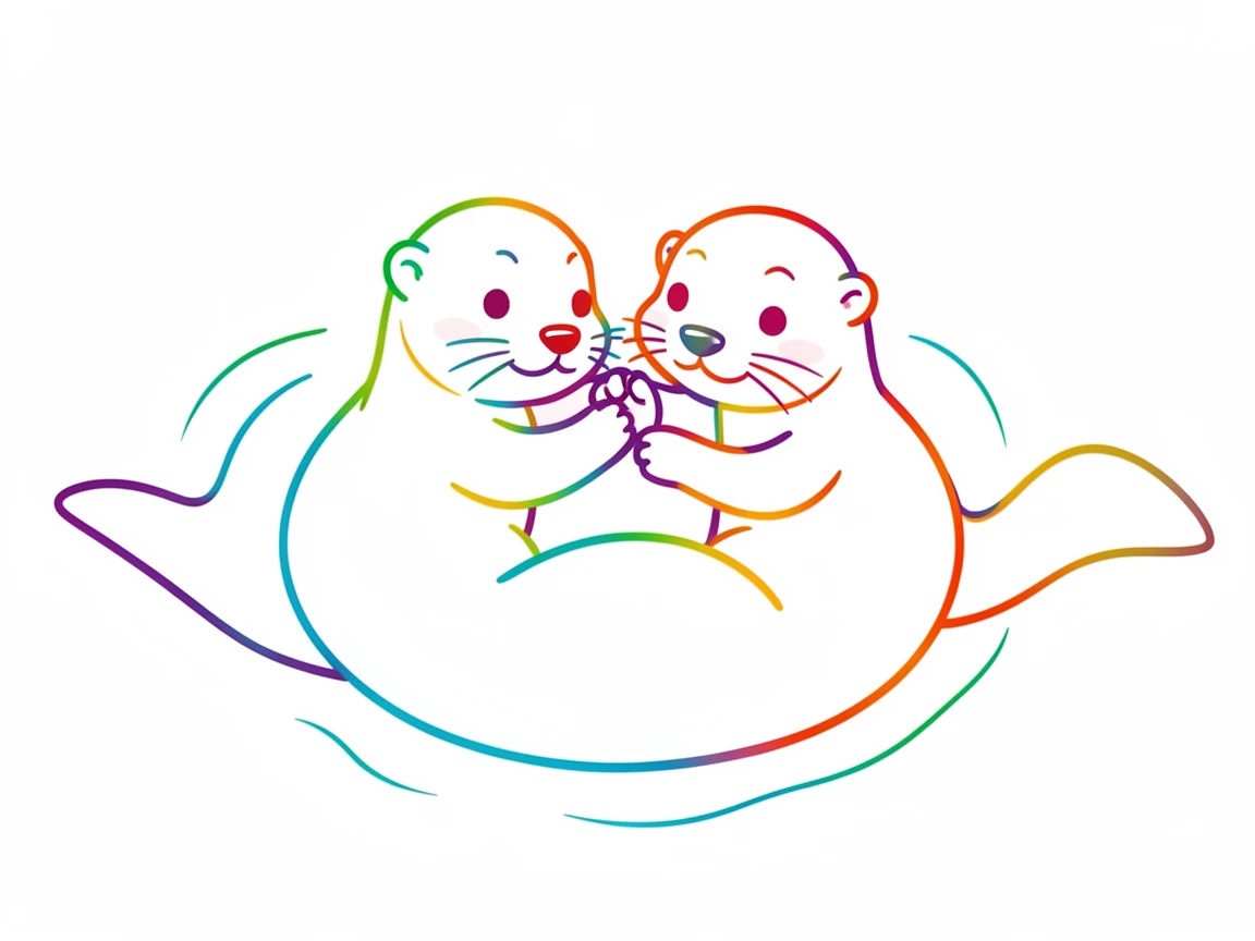 A pair of otters holding paws while floating together on their backs.