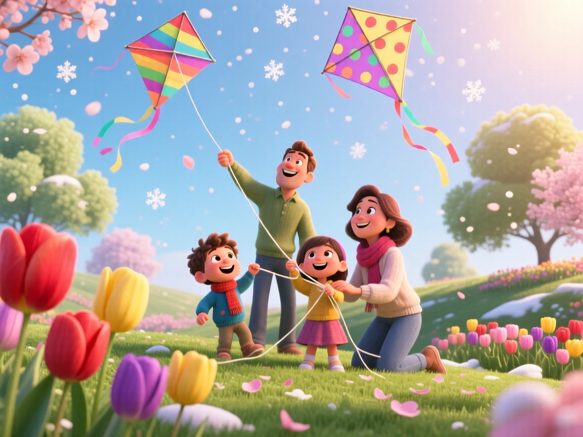 A family flying kites at a spring festival happens in a garden bursting with spring tulips, with soft snow drifting gently down. A cozy, cheerful spirit radiates through the moment.