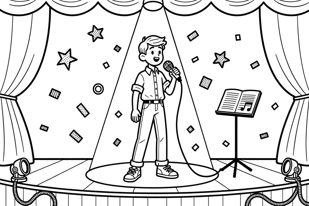 A school talent show performer under a single spotlight, with confetti falling through the air.