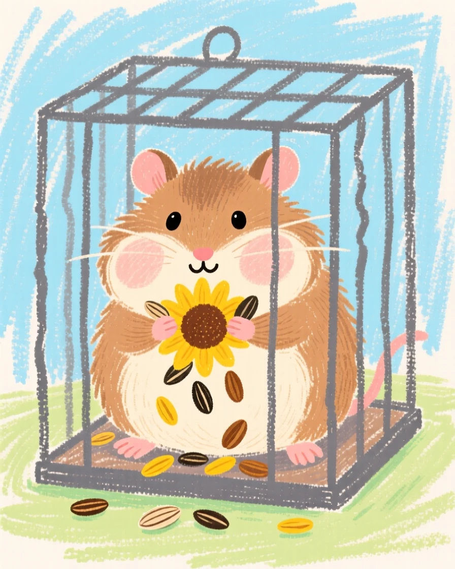 A hamster stuffing its cheeks with sunflower seeds inside a tiny cage.