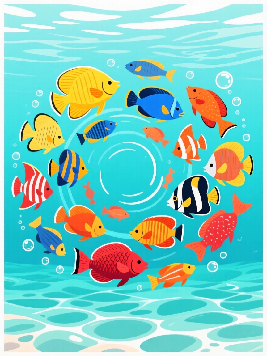 A school of tropical fish swirling in a colorful pattern, set within a crystal clear tropical lagoon, centered in the frame with gentle negative space around it, with vivid, richly saturated colors that pop.