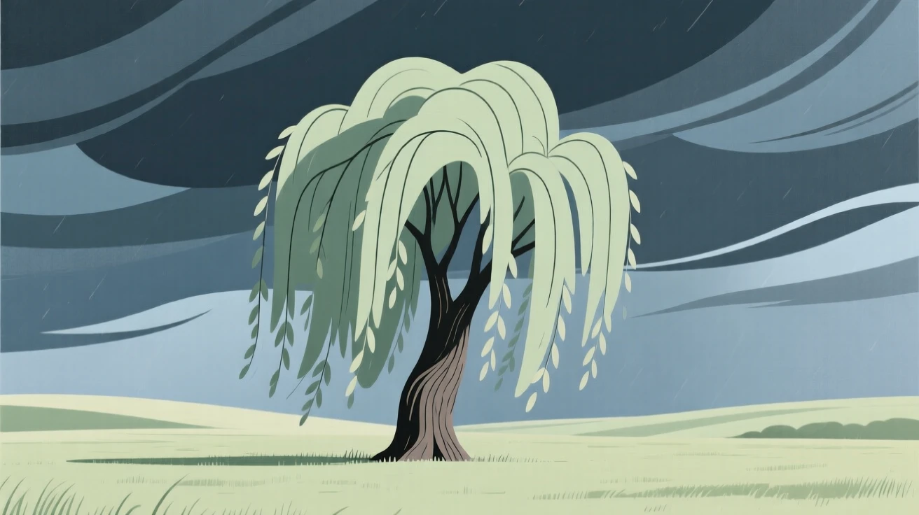 A towering weeping willow standing alone in an open field under a stormy sky.