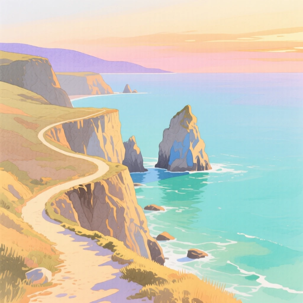 A coastal cliff path overlooks turquoise waters and jagged sea stacks rising from the ocean at golden hour