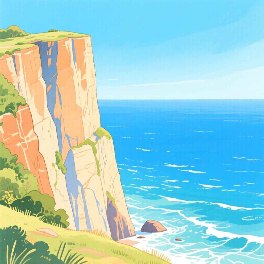 A dramatic cliffside overlooking the ocean, peaceful and vast, in the height of summer.