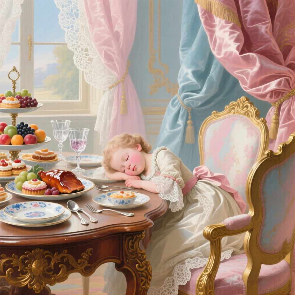 A child asleep beneath a table after an extravagant holiday feast  