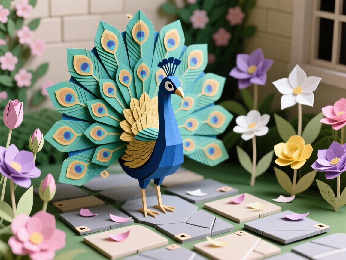 A peacock displaying its full iridescent tail feathers in a blooming garden courtyard, petals scattered on the stone path, conveying vibrant elegance and pride.