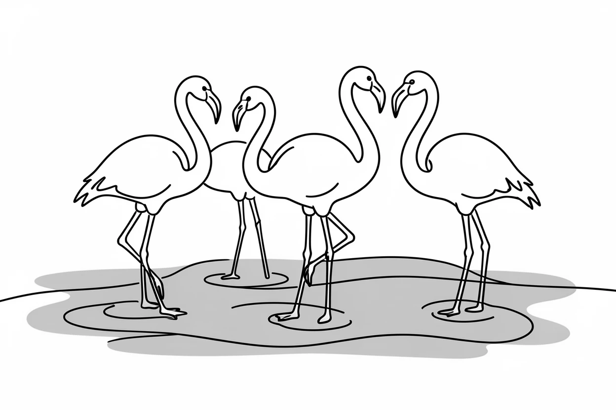 A flock of flamingos wading together in a shallow pink lagoon