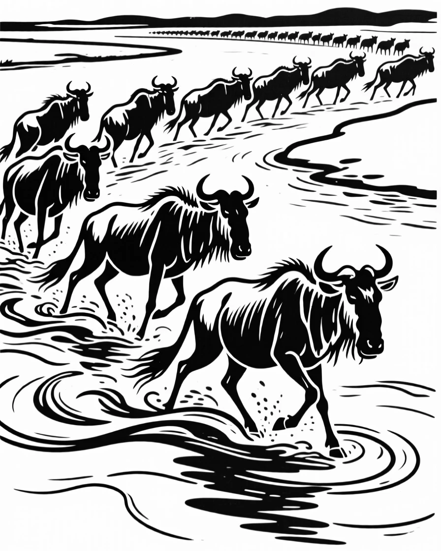 A herd of wildebeest crossing a river during a dramatic migration.