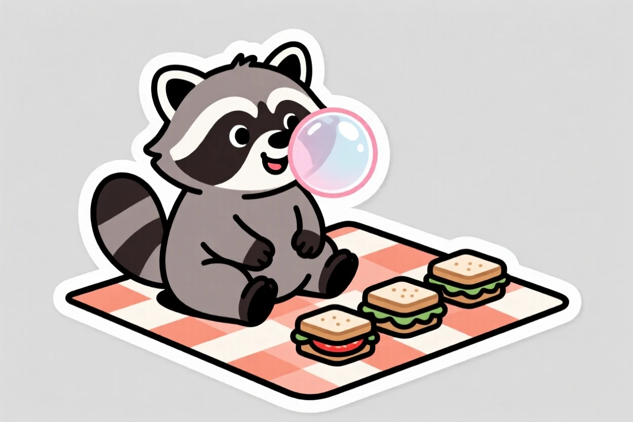A content baby raccoon blowing a big bubblegum bubble, on a picnic blanket with tiny sandwiches nearby.