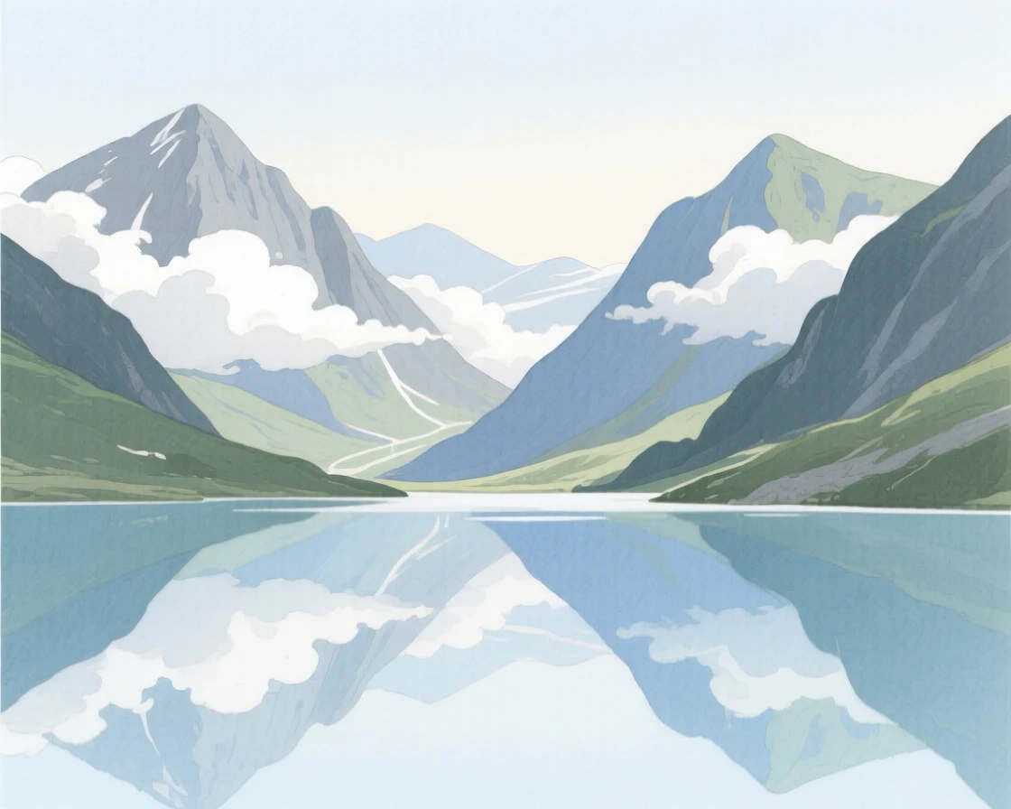 A breathtaking view of a mountain pass beneath drifting clouds, with reflections shimmering across still water