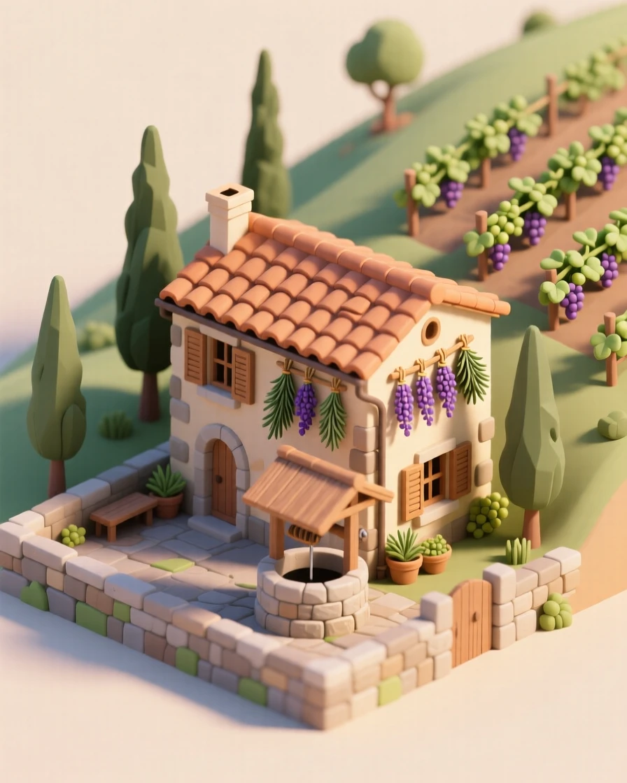 A hillside Tuscan farmhouse surrounded by cypress trees, a stone well in the courtyard, drying herbs hanging from the eaves, and a vineyard rolling down the slope behind it.