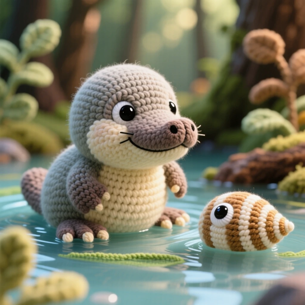 A heartwarming close-up of a plump baby platypus, with a wide bill and webbed feet, paddling through calm shallow water in a cozy woodland clearing dappled with soft light; a smooth striped seashell close by completes the scene, radiating wide-eyed wonder at the world around it.