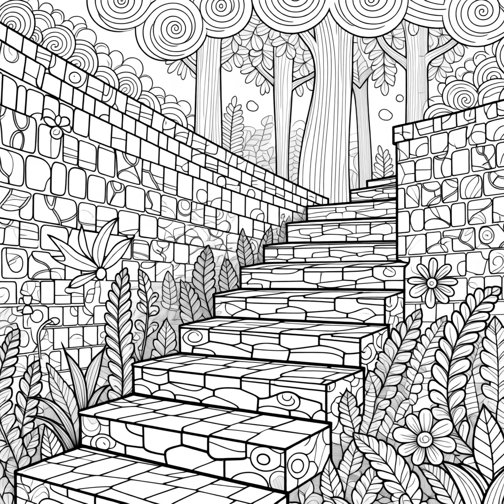 A vine-covered ruin with wildflowers growing through cracked stone steps.