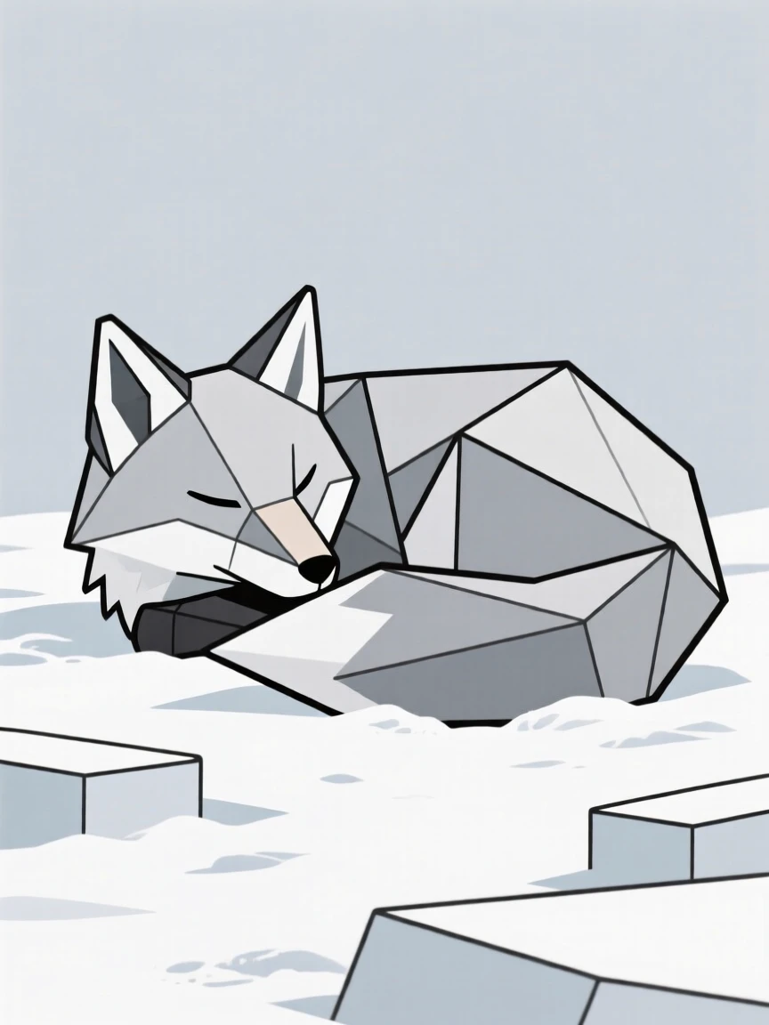 An arctic fox curled up in snow