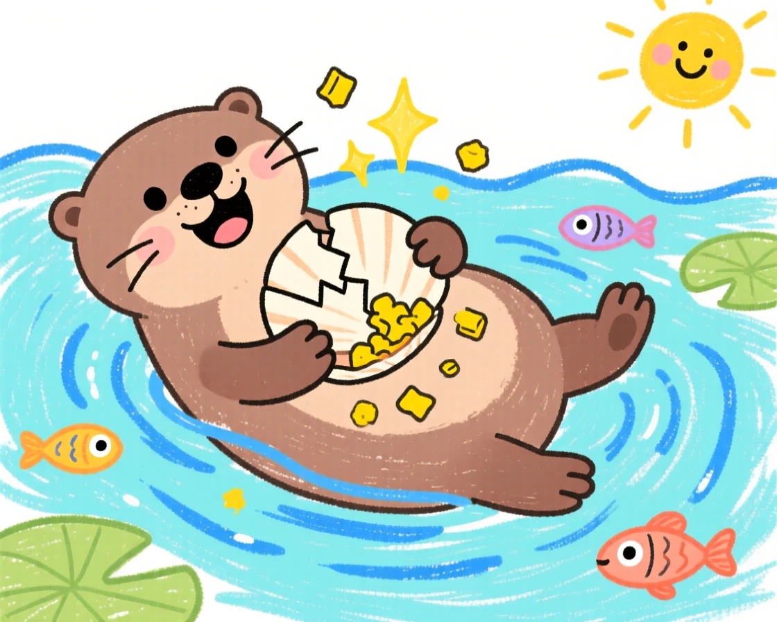 A playful otter floating on its back cracking a shell.