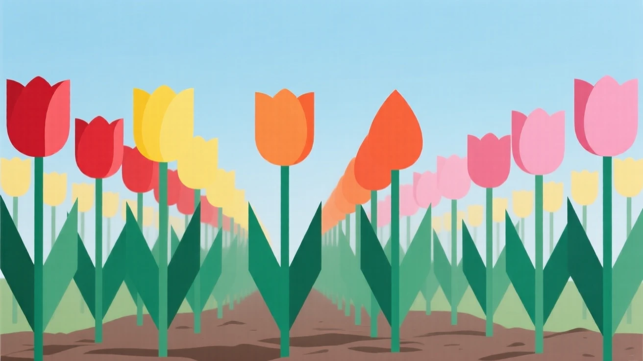 A field of tulips in neat colorful rows
