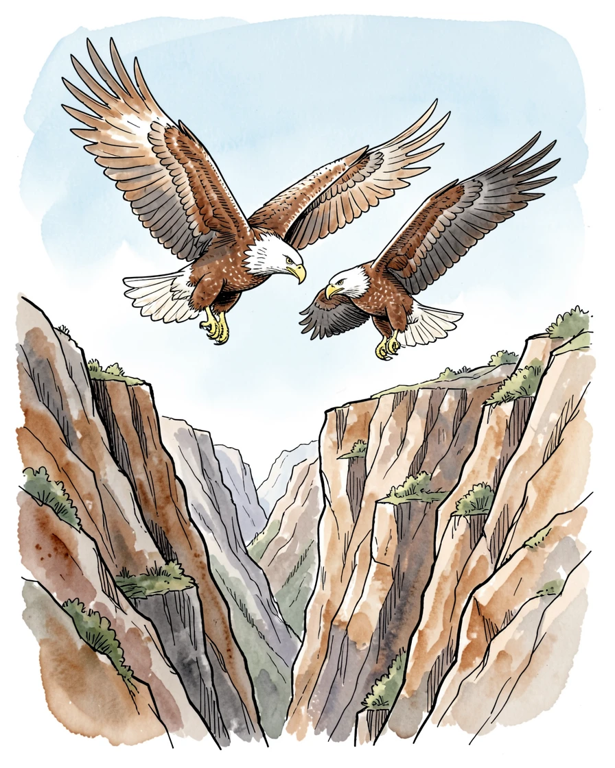 A pair of eagles soaring above a rugged mountain canyon, wings spread wide against a clear sky