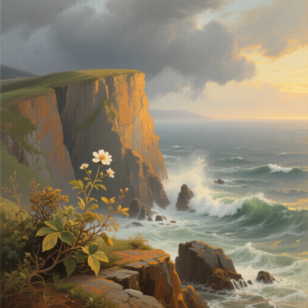 A coastal cliff overlooking crashing waves beneath a stormy sky stretching endlessly toward a hazy, distant horizon, set far from any signs of human presence, with golden light catching the edges of every leaf and petal; a single striking element anchors an otherwise open, breathing composition, suggesting harmony between the natural world and the soul.