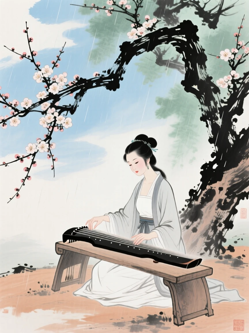 A woman playing a guqin beneath a blossoming plum tree, under clearing skies after a storm.