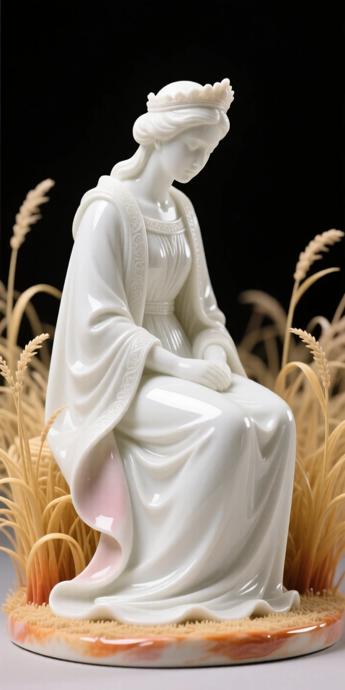 A queen seated in quiet contemplation, wearing an intricately draped cloak, her gaze lowered in quiet grace, set against a field of tall golden grass.