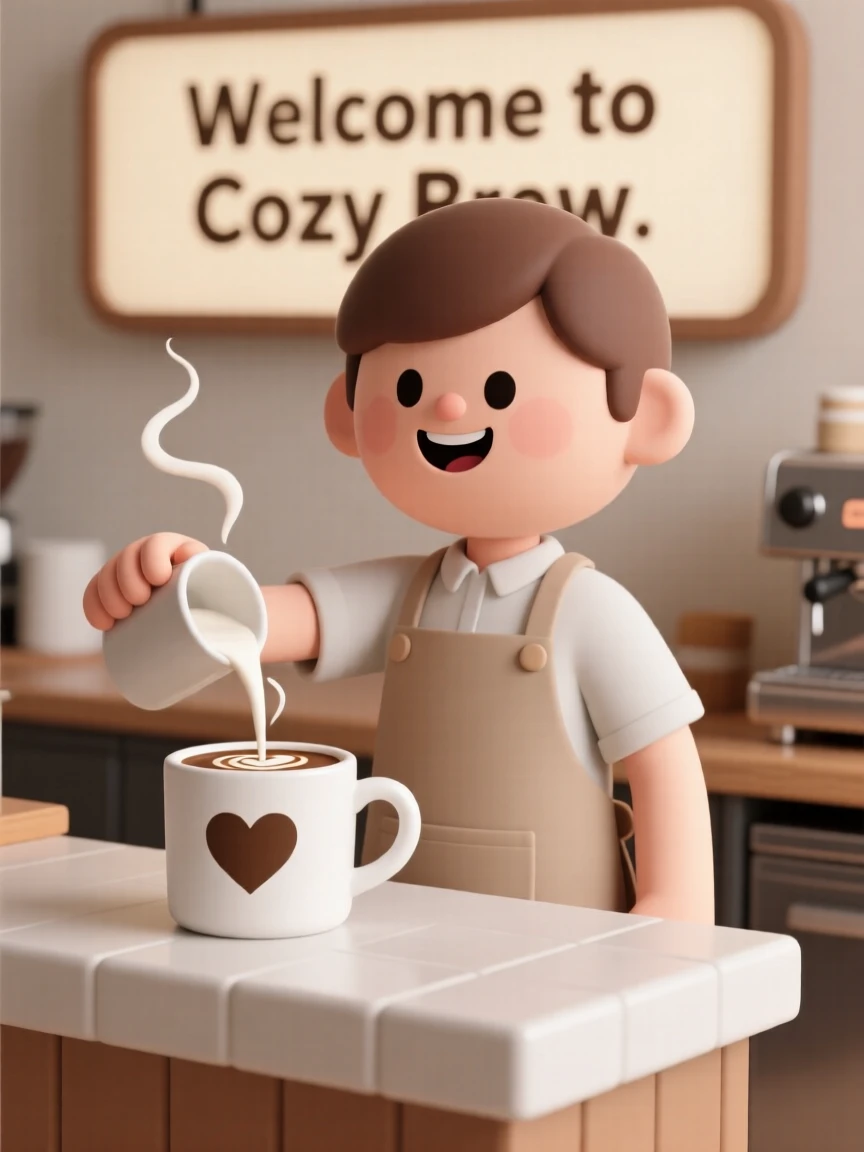 A cheerful barista swirls milk into a heart-shaped design atop a steaming cup of coffee behind a cozy café counter.