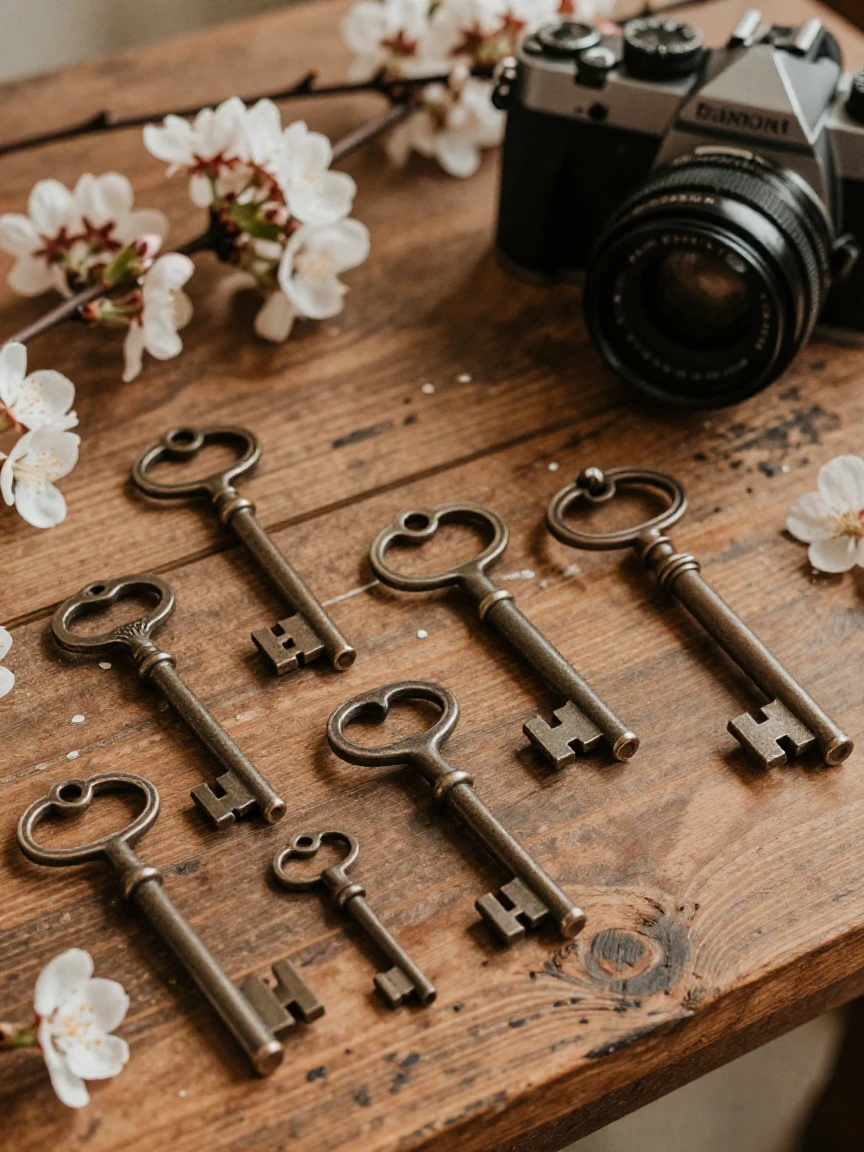 A collection of antique keys arranged on a weathered wooden table, in gentle diffused daylight, under scattered clouds, as spring blossoms unfurl, in earthy terracotta and ochre shades, from a slightly elevated vantage point.