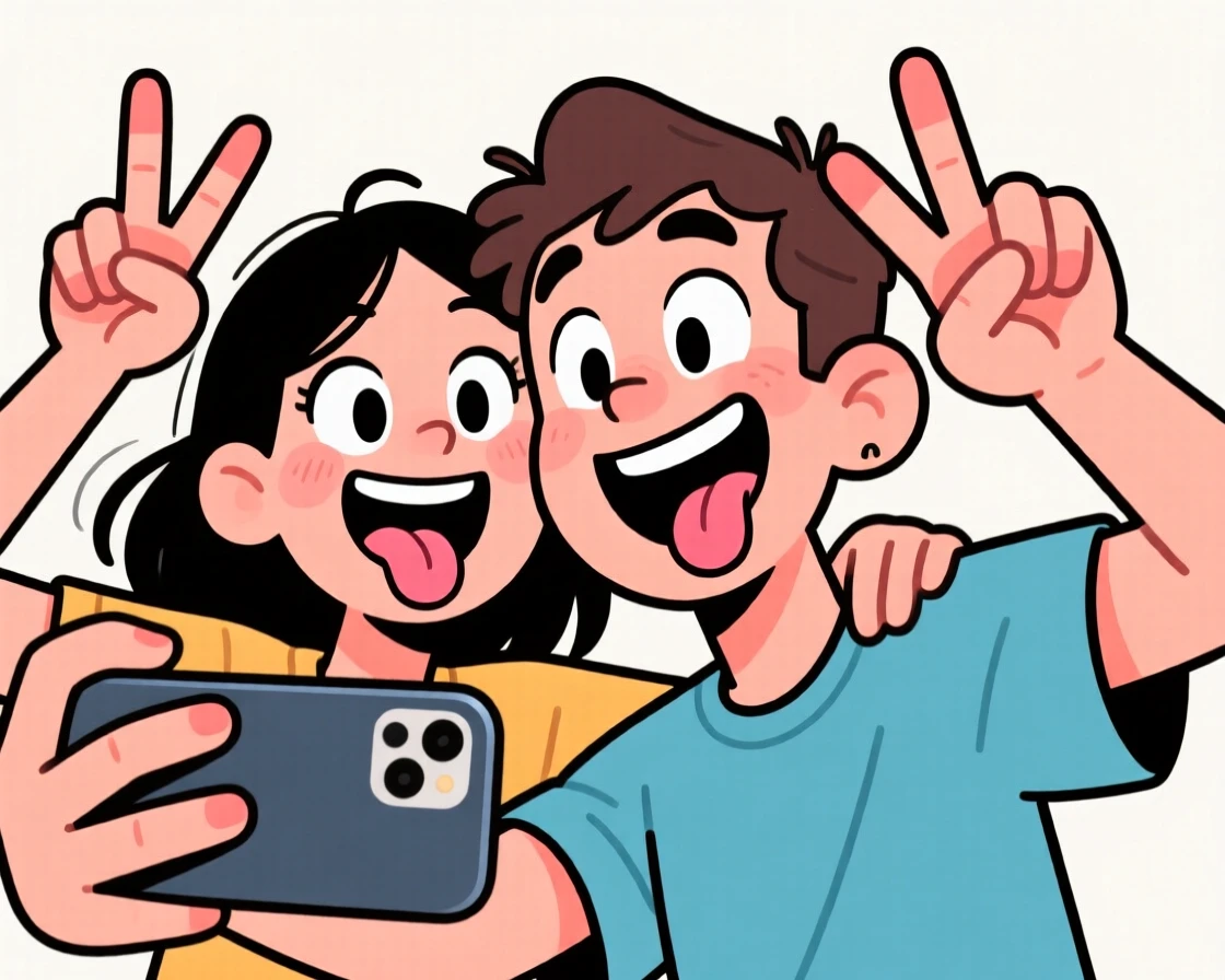 A heartwarming scene of best friends taking a chaotic selfie together, tongues out and peace signs raised.